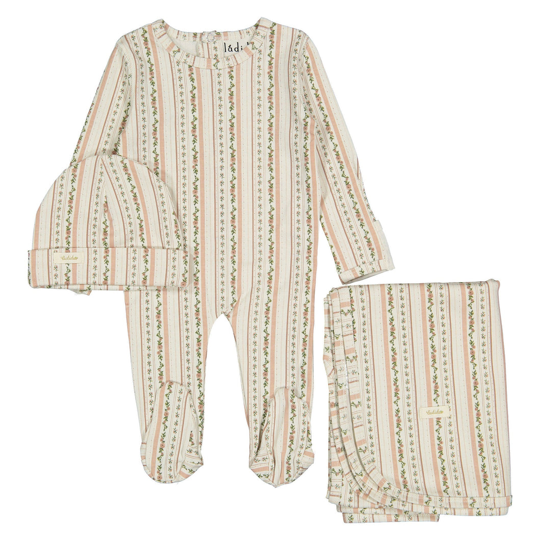 Ladida Layette Blush Blooming Stripe Footie+ Hat+ Blanket