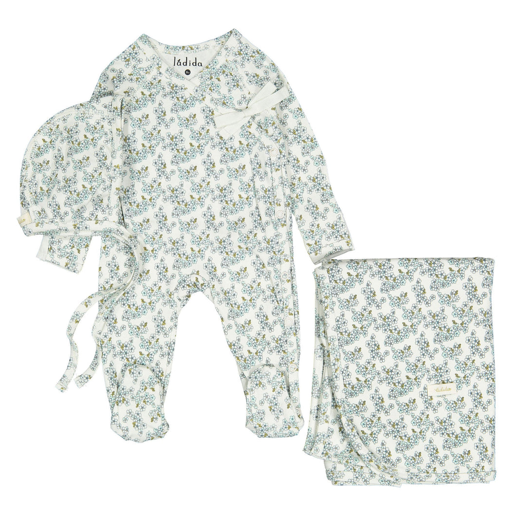 Ladida Layette Slate Cherry Blossom Footie+ Bonnet+ Blanket