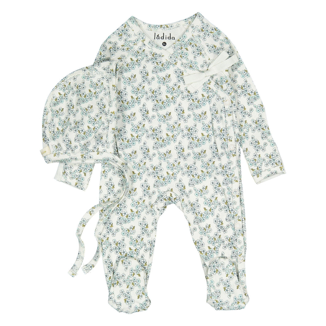 Ladida Layette Slate Cherry Blossom Footie+ Bonnet
