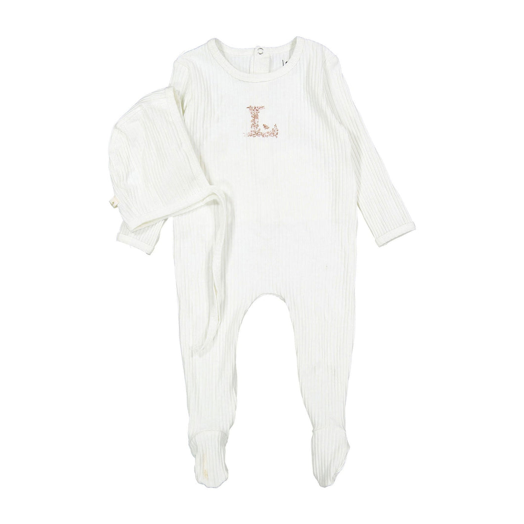 Ladida Layette Ivory/ Pink L Ribbed Romper + Bonnet