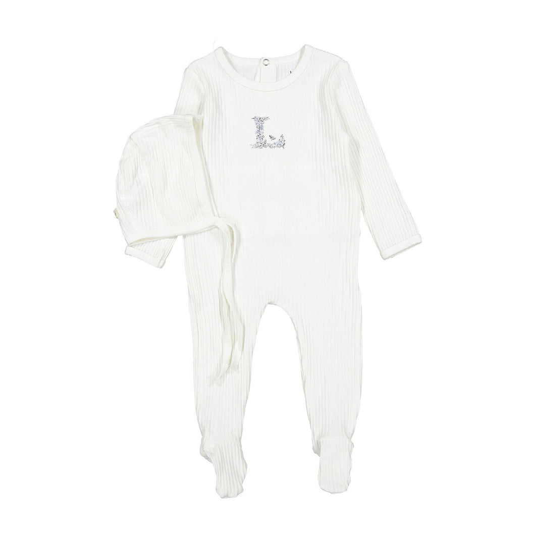 Ladida Layette Ivory/ Blue L Ribbed Romper + Bonnet